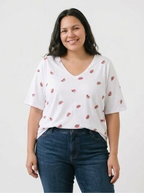 Lane Bryant White V-Neck Tee with Pink Watermelon Motif